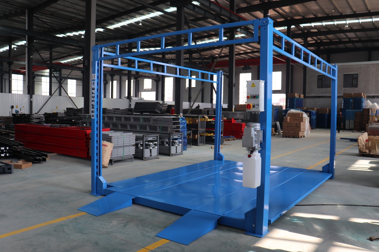 Mezzanine vehicle storage lift in a high-ceiling garage